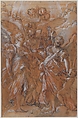 The Archangels Gabriel, Michael and Raphael (recto); sketches of figures (verso), Giuseppe Passeri (Passari) (Italian, Rome 1654–1714 Rome), Pen and brown ink, red chalk, brush and red wash, highlighted with white